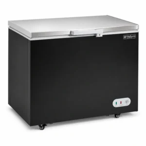 Black commercial chest freezer with stainless steel lid