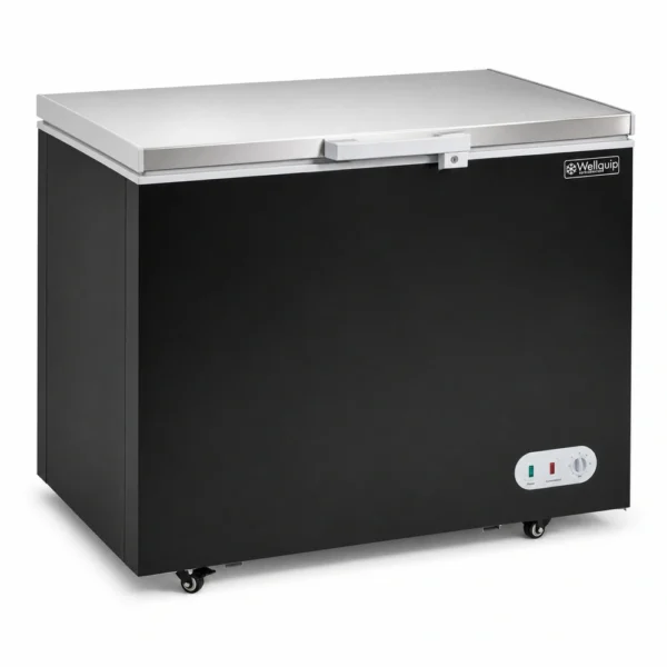 KF35S_Front-left with doors closed Black commercial chest freezer with stainless steel lid
