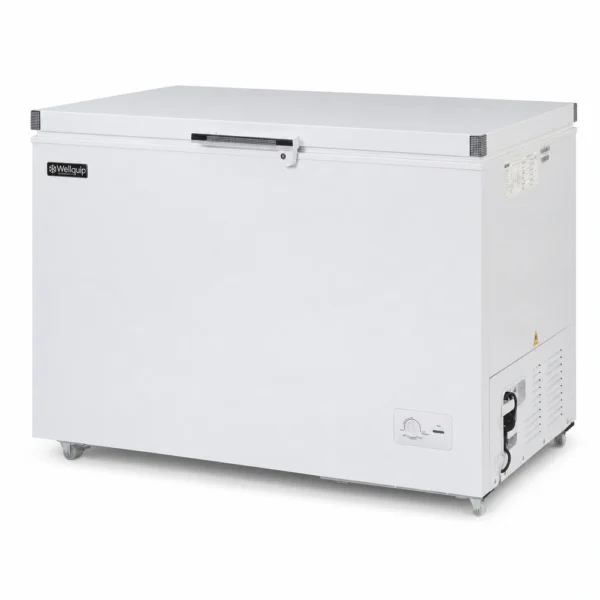 White commercial chest freezer with lockable hard-top lid