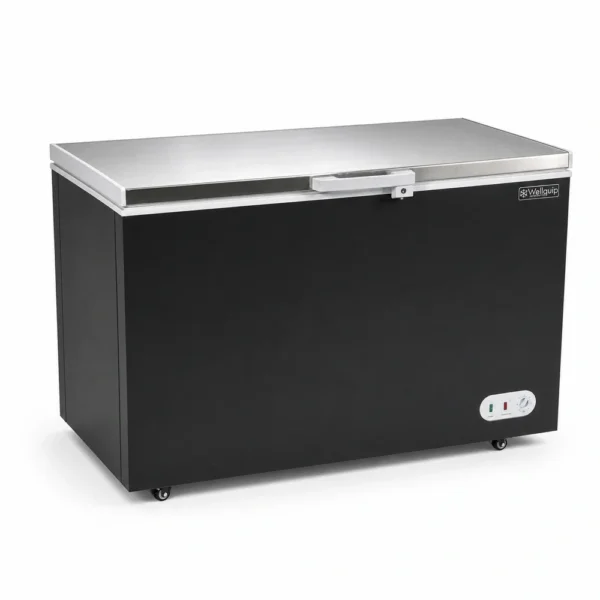KF45S_Front-left with doors closed Black storage chest freezer for cafés, takeaway shops and compact kitchens