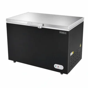 Black commercial chest freezer with stainless steel lid