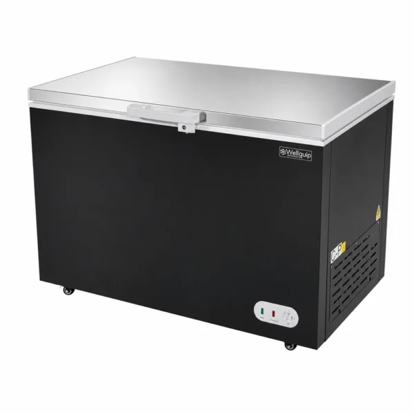 Black commercial chest freezer with stainless steel lid