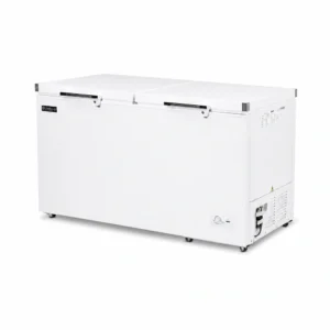 White commercial chest freezer with lockable hard-top lid