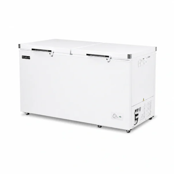 White commercial chest freezer with lockable hard-top lid