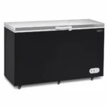 Black commercial chest freezer with stainless steel lid