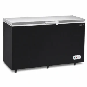 Black commercial chest freezer with stainless steel lid