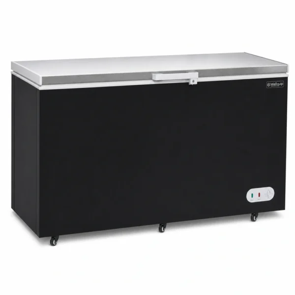 KF55S_Front-left with doors closed Black commercial chest freezer with stainless steel lid
