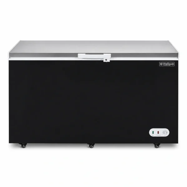 Storage freezer with stay-open stainless steel lid