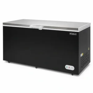 Black commercial chest freezer with stainless steel lid