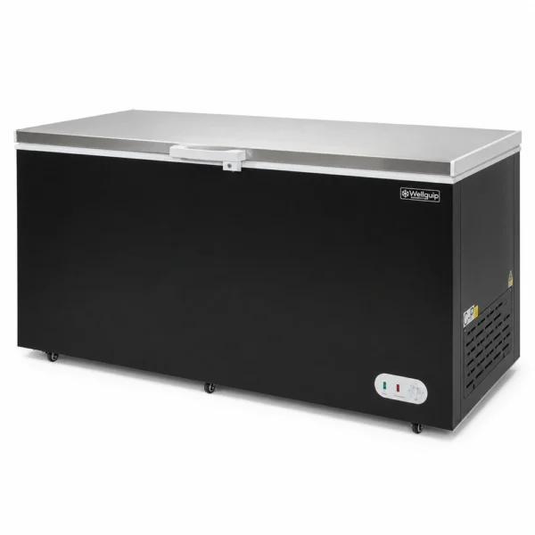 Black commercial chest freezer with stainless steel lid
