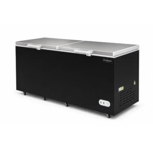 Black commercial chest freezer with stainless steel lids