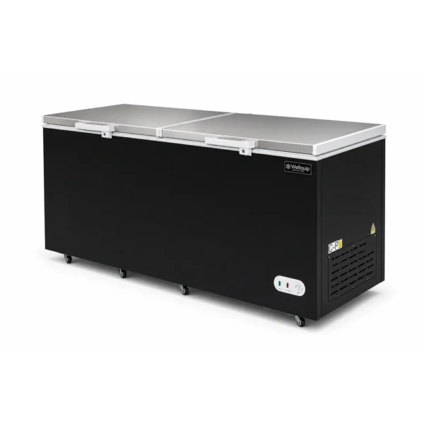 Black commercial chest freezer with stainless steel lids