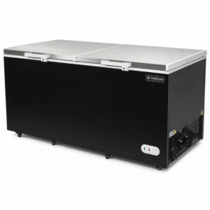 Black commercial chest freezer with stainless steel lids