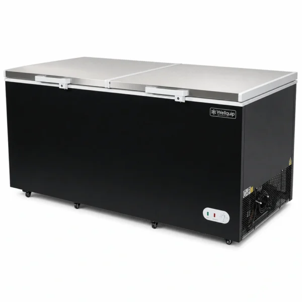 Black commercial chest freezer with stainless steel lids