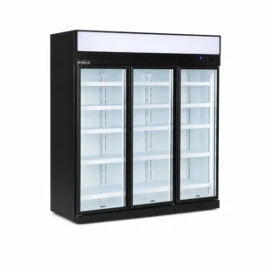 7 star GEMS energy rated upright display fridge with 1100L capacity, fan-forced cooling, LED lighting and adjustable shelves