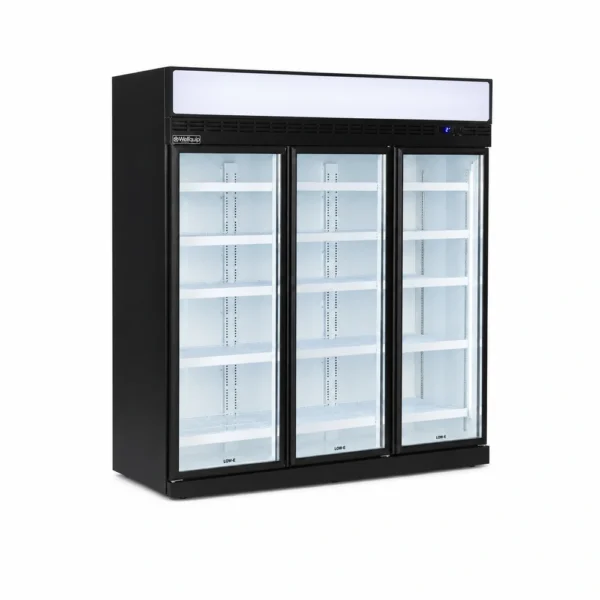 7 star GEMS energy rated upright display fridge with 1100L capacity, fan-forced cooling, LED lighting and adjustable shelves