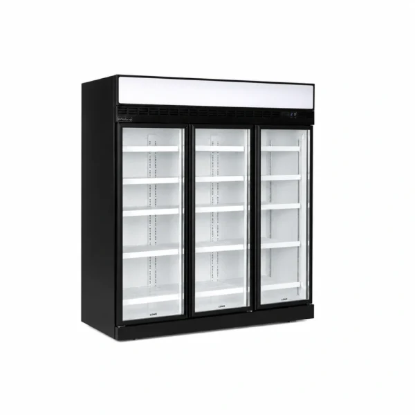 LA3X_Front-left with doors closed 7 star GEMS energy rated upright display fridge with 1100L capacity, fan-forced cooling and adjustable shelves