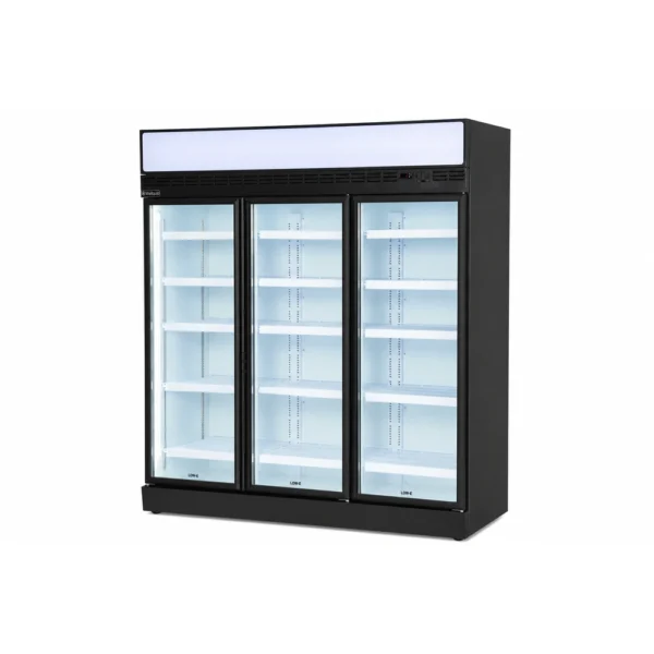 7 star GEMS energy rated upright display fridge with 1100L capacity, fan-forced cooling, LED lighting and adjustable shelves