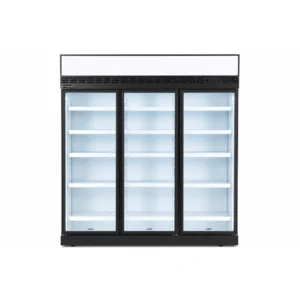 7 star GEMS energy rated upright display fridge with 1100L capacity, fan-forced cooling, LED lighting and adjustable shelves