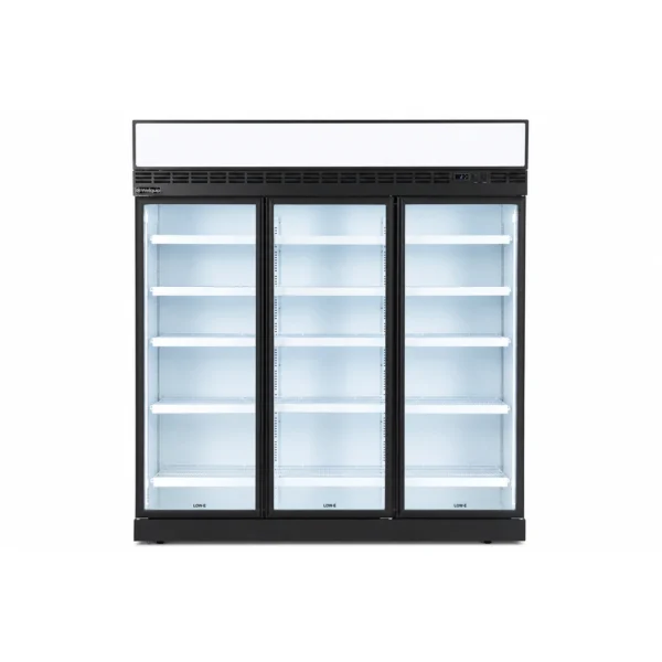 7 star GEMS energy rated upright display fridge with 1100L capacity, fan-forced cooling, LED lighting and adjustable shelves