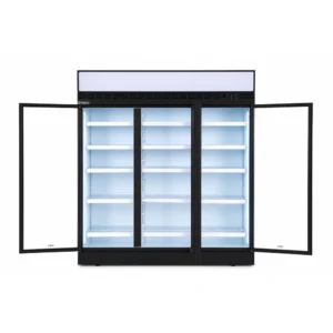 2 door commercial upright display fridge with glass doors and LED lighting, shown with open doors