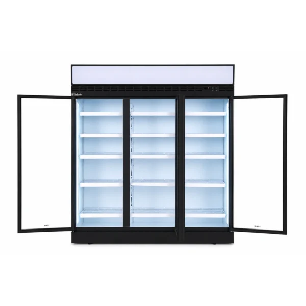 2 door commercial upright display fridge with glass doors and LED lighting, shown with open doors