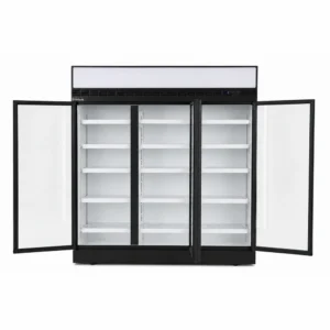2 door commercial upright display fridge with glass doors and LED lighting, shown with open doors