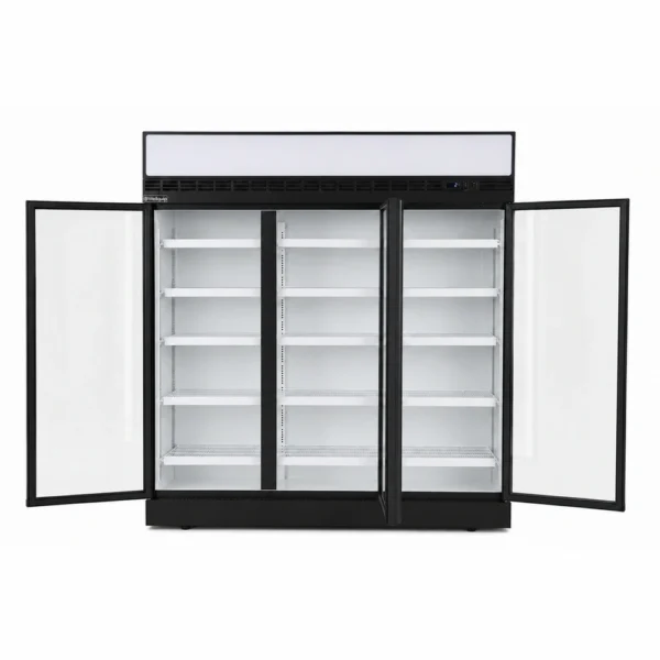 2 door commercial upright display fridge with glass doors and LED lighting, shown with open doors