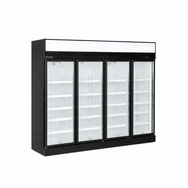 4 door upright display fridge with glass doors and LED lighting
