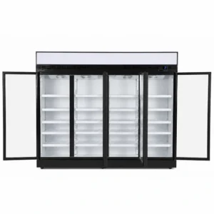 Wellquip 2100L 4 door upright display fridge front view with doors open