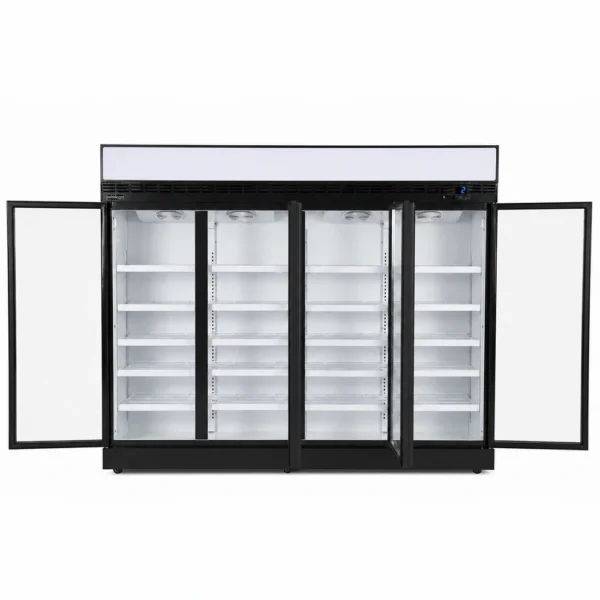 Wellquip 2100L 4 door upright display fridge front view with doors open
