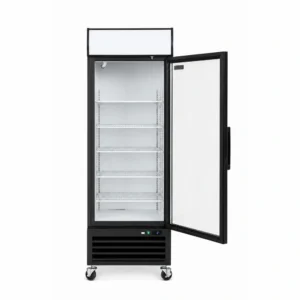 Wellquip 620L 1 door upright display fridge LA81 front view and doors open