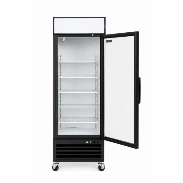 Wellquip 620L 1 door upright display fridge LA81 front view and doors open