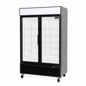 2 door upright display fridge with glass doors and LED lighting
