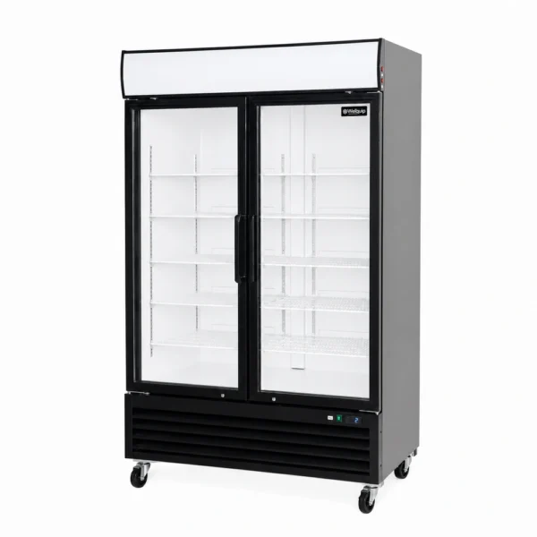 LA82_Front-right with doors closed 2 door upright display fridge with glass doors and LED lighting