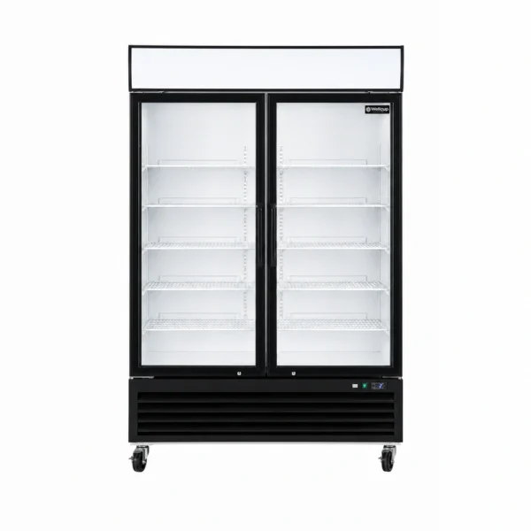 Wellquip 1360L 2 door upright display fridge front view