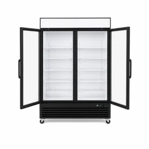 Wellquip 1360L 2 door upright display fridge front view with doors open