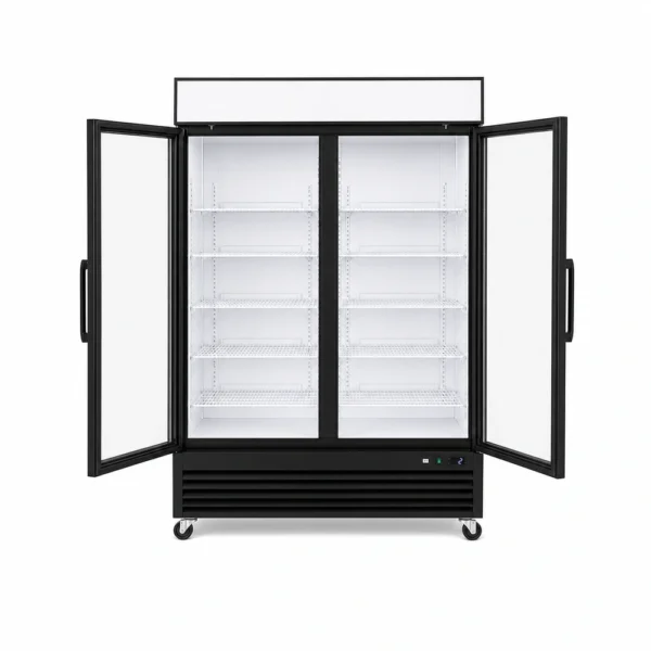 Wellquip 1360L 2 door upright display fridge front view with doors open