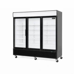 3 door upright display fridge with glass doors and LED lighting