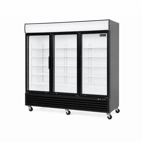 3 door upright display fridge with glass doors and LED lighting