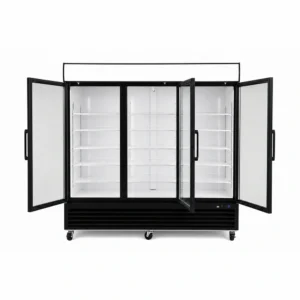 Wellquip 2090L 3 door upright display fridge front view with doors open