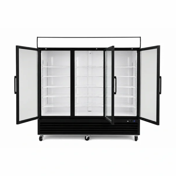 Wellquip 2090L 3 door upright display fridge front view with doors open