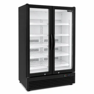 Mid-height glass door fridge with adjustable shelves