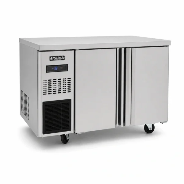 WC1275_Front-left with doors closed Commercial under bench freezer with stainless steel worktop