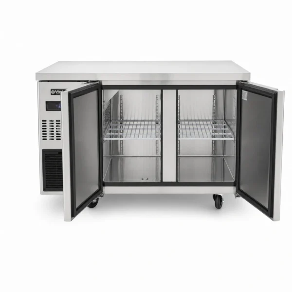 Under counter freezer with self-closing doors and auto defrost