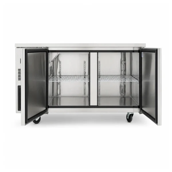 Under counter freezer with self-closing doors and auto defrost