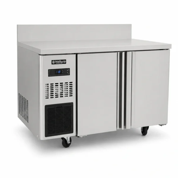 Stainless steel bench freezer with splashback for prep lines