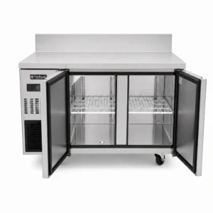 Bench freezer with self-closing doors and auto defrost