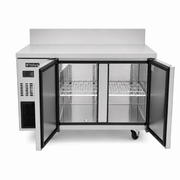 Bench freezer with self-closing doors and auto defrost