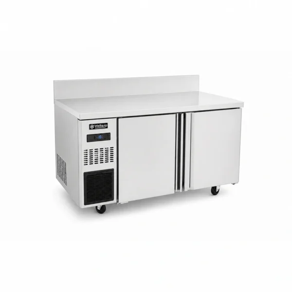 Stainless steel bench freezer with splashback for prep lines